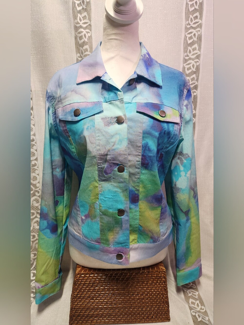 Claire Desjardins by Carré Noir Abstract Watercolor Denim Jacket - Small Nwot